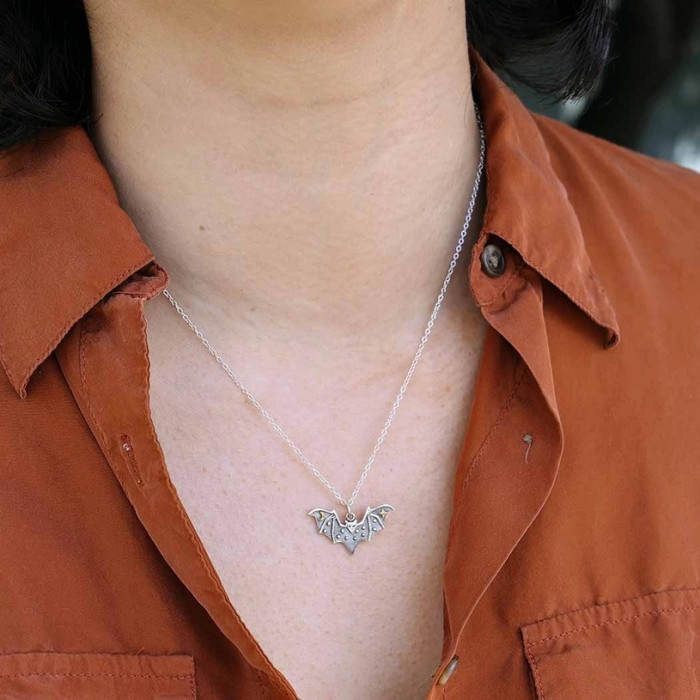  Sterling Sliver Bat Necklace with Bronze Star and Moon - 18 Inch Chain