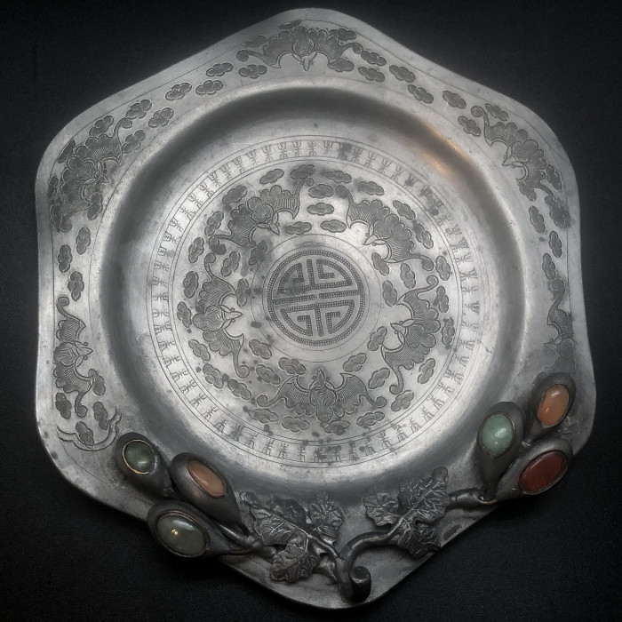 Pewter Dish With Glass Insets And Engraving