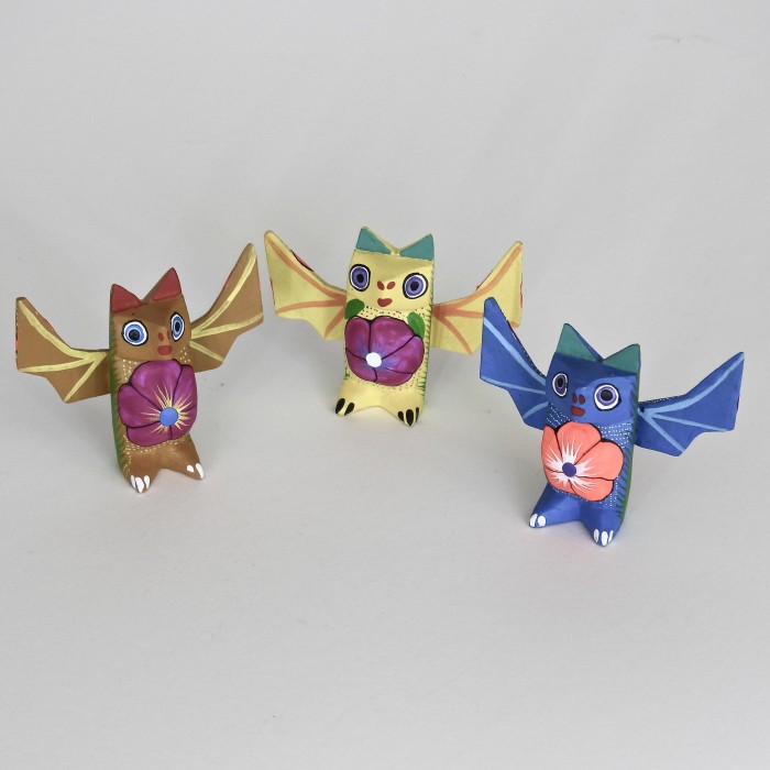 Medium Standing Flower Chested Oaxacan Carved Bat Figures By Matias Ramirez