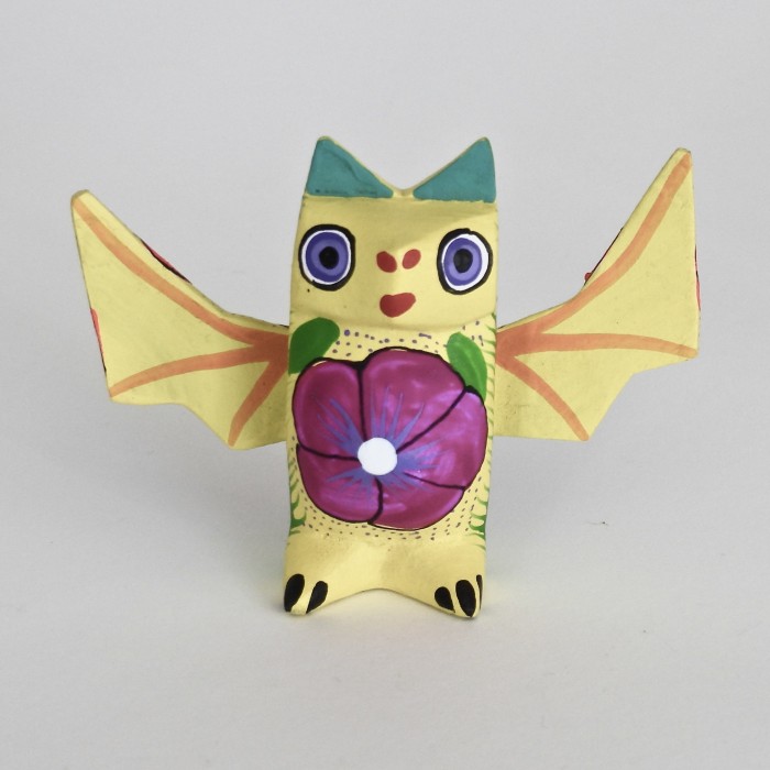 Medium Standing Flower Chested Oaxacan Carved Bat Figures By Matias Ramirez