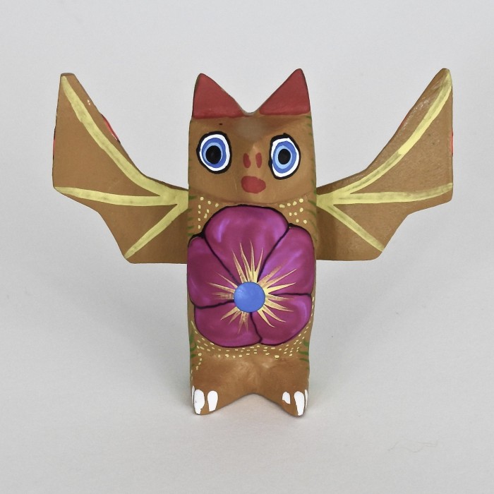 Medium Standing Flower Chested Oaxacan Carved Bat Figures By Matias Ramirez