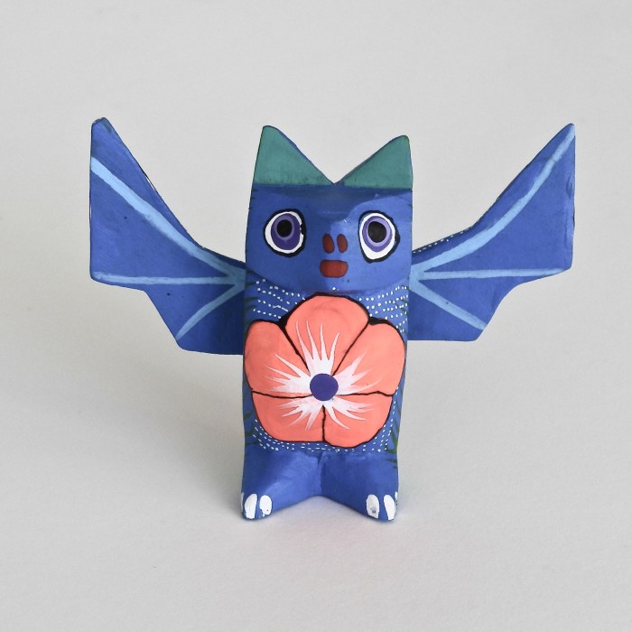 Medium Standing Flower Chested Oaxacan Carved Bat Figures By Matias Ramirez