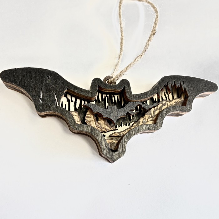 Bat Shape With Cave Scene Layered Wood Ornament - Product Image