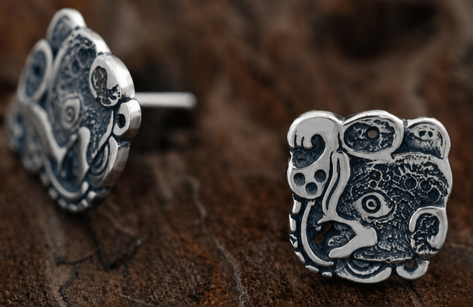 Silver Mayan Bat Design Post Earrings - Product Image