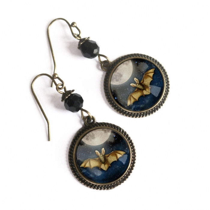 BatAndFullMoonInGlassCabochonsEarrings