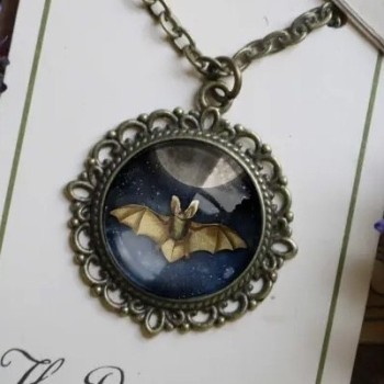 Bat And Full Moon In Glass Cabochons Pendant