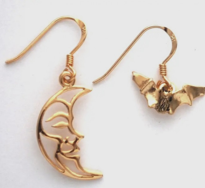 Bat And Moon Dangles Gold Plate Earrings