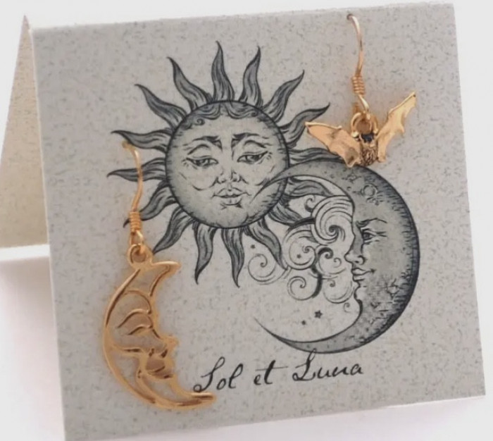 Bat And Moon Dangles Gold Plate Earrings