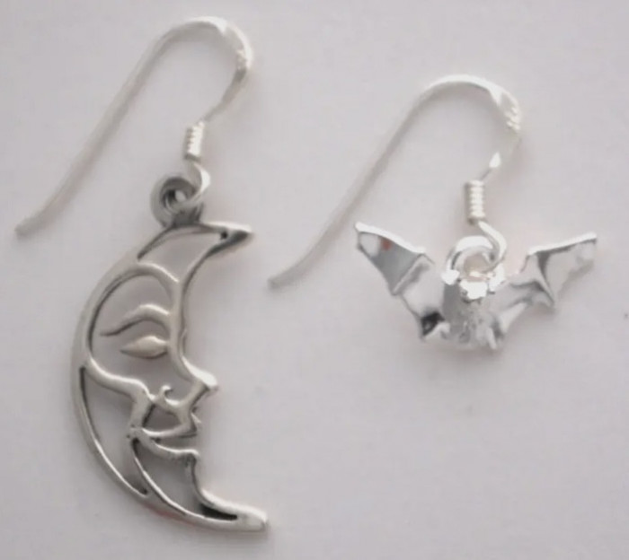 Bat And Moon Dangles Sliver Earrings