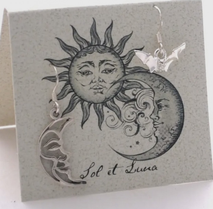 Bat And Moon Dangles Sliver Earrings