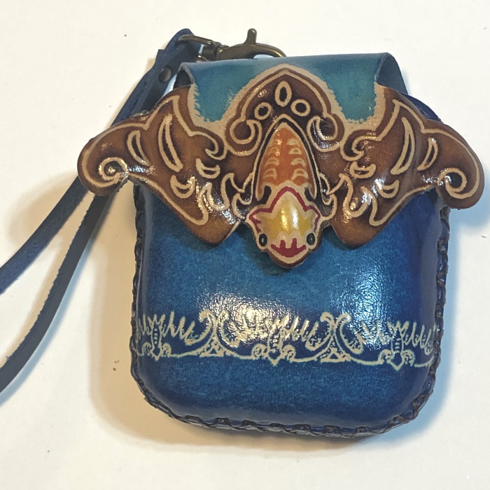 Handmade Leather Hanging Brown Bat On Blue Wristlet