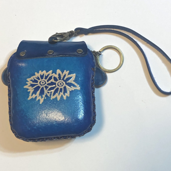 Handmade Leather Hanging Brown Bat On Blue Wristlet