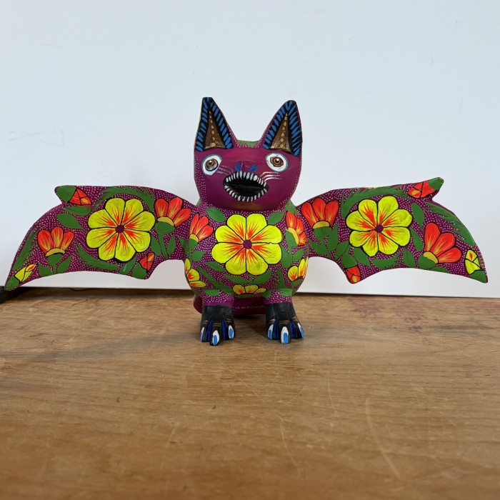 Large Oaxacan Carved Flowered Bat Figure - Oscar Carrillo - Product Image