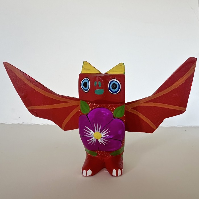 Medium Oaxacan Carved Flowered Bat Figure - Francisca Matias Ramirez - Product Image