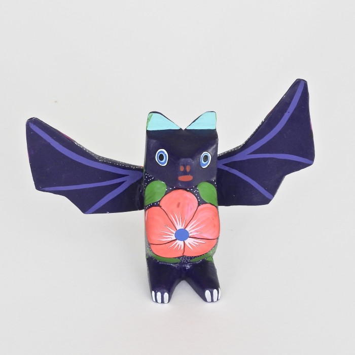 Large Standing Flower Chested Oaxacan Carved Bat Figures By Matias Ramirez