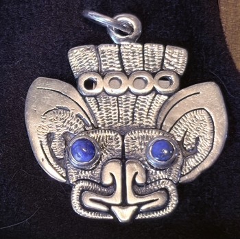 Silver Aztec Bat Design Pendant - Stone Eyes Bat - Product Image