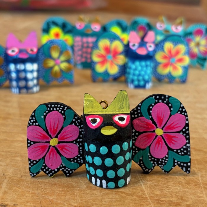 Small Standing Flower Winged Oaxacan Carved Bat Figures - Product Image