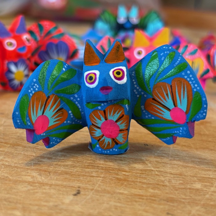 Small Standing Three Flower Oaxacan Carved Bat Figures - Product Image