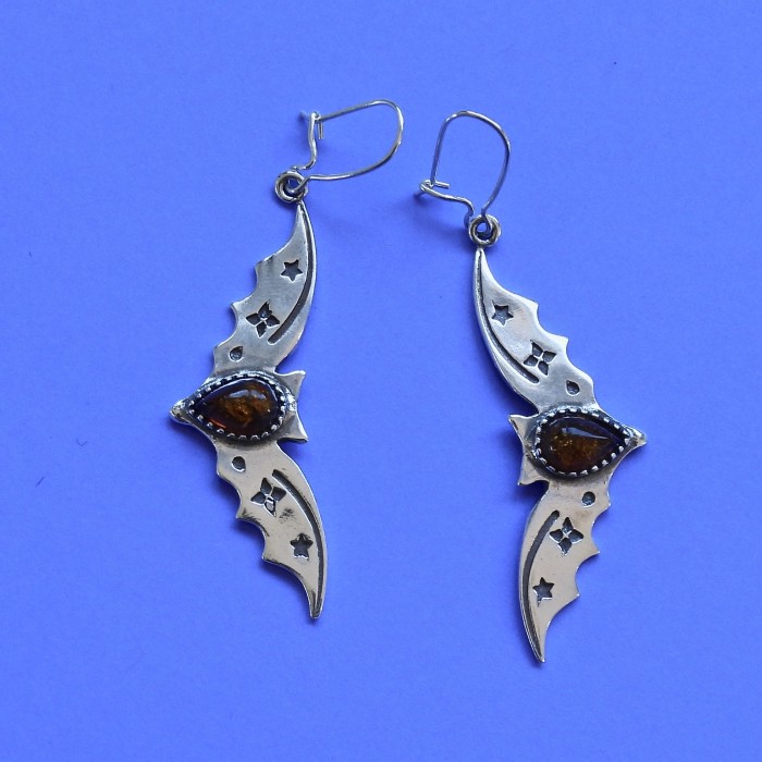 StampedSilverBatEarringsWithAmberSetting