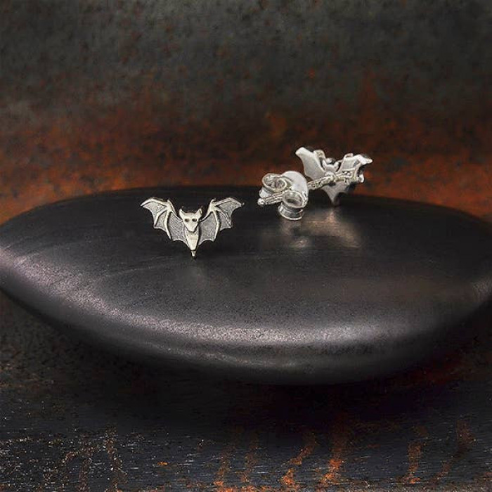 Sterling Silver Detailed Or Flat Tiny Bat Post Earrings