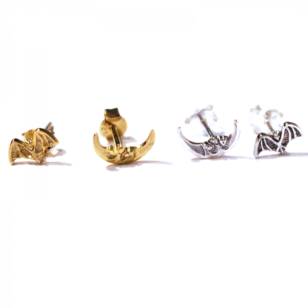Tiny Bat And Moon Gold Plate Earrings